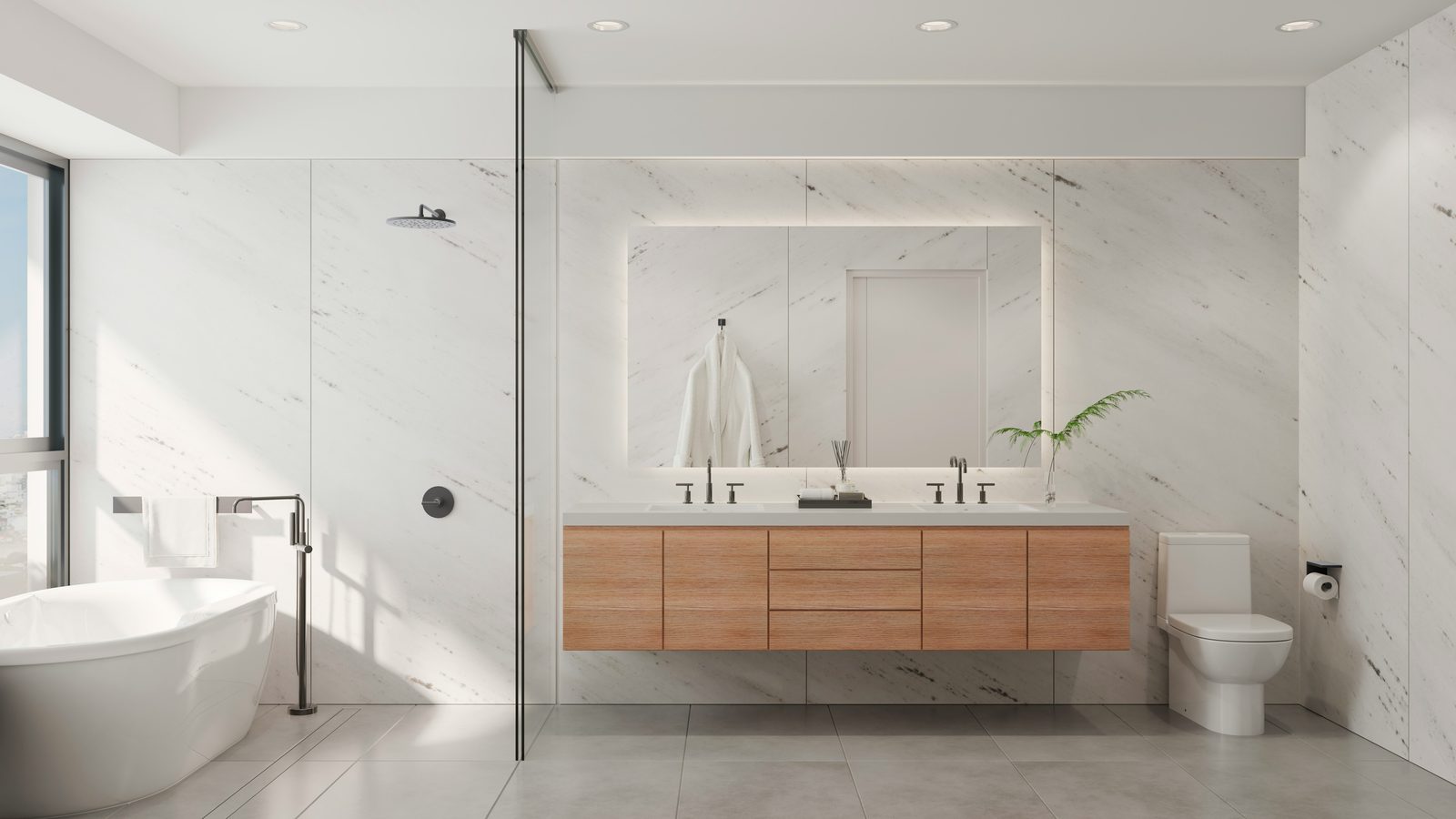 Baño reformado con mueble de madera y encimera